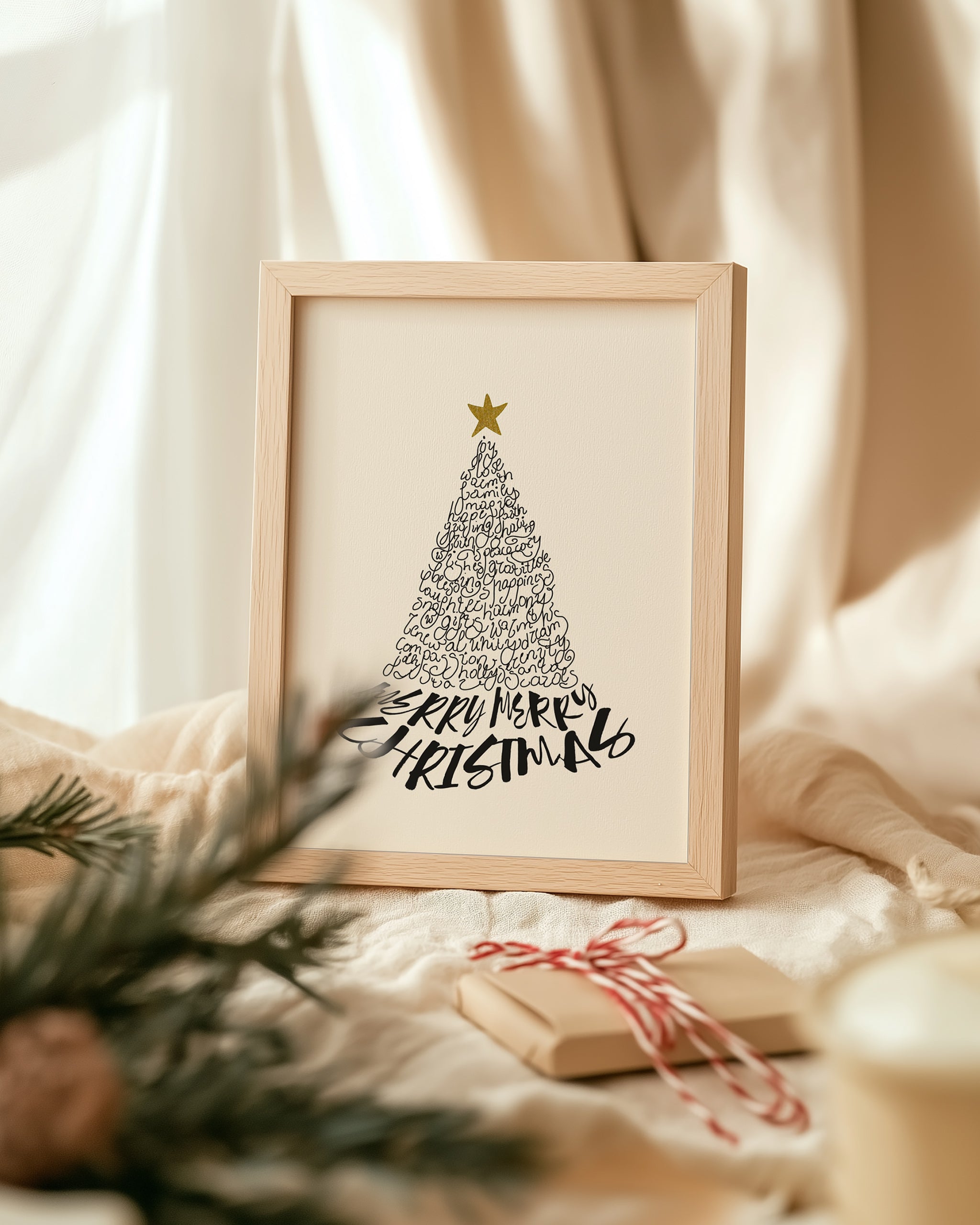 Framed luxury Christmas greeting card with decorative elements on a soft background