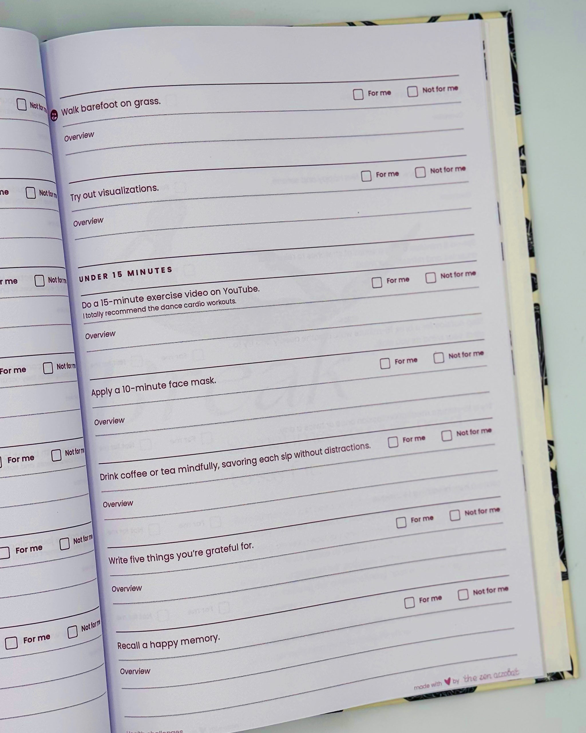 Open sheet with self-care checklist on a white background