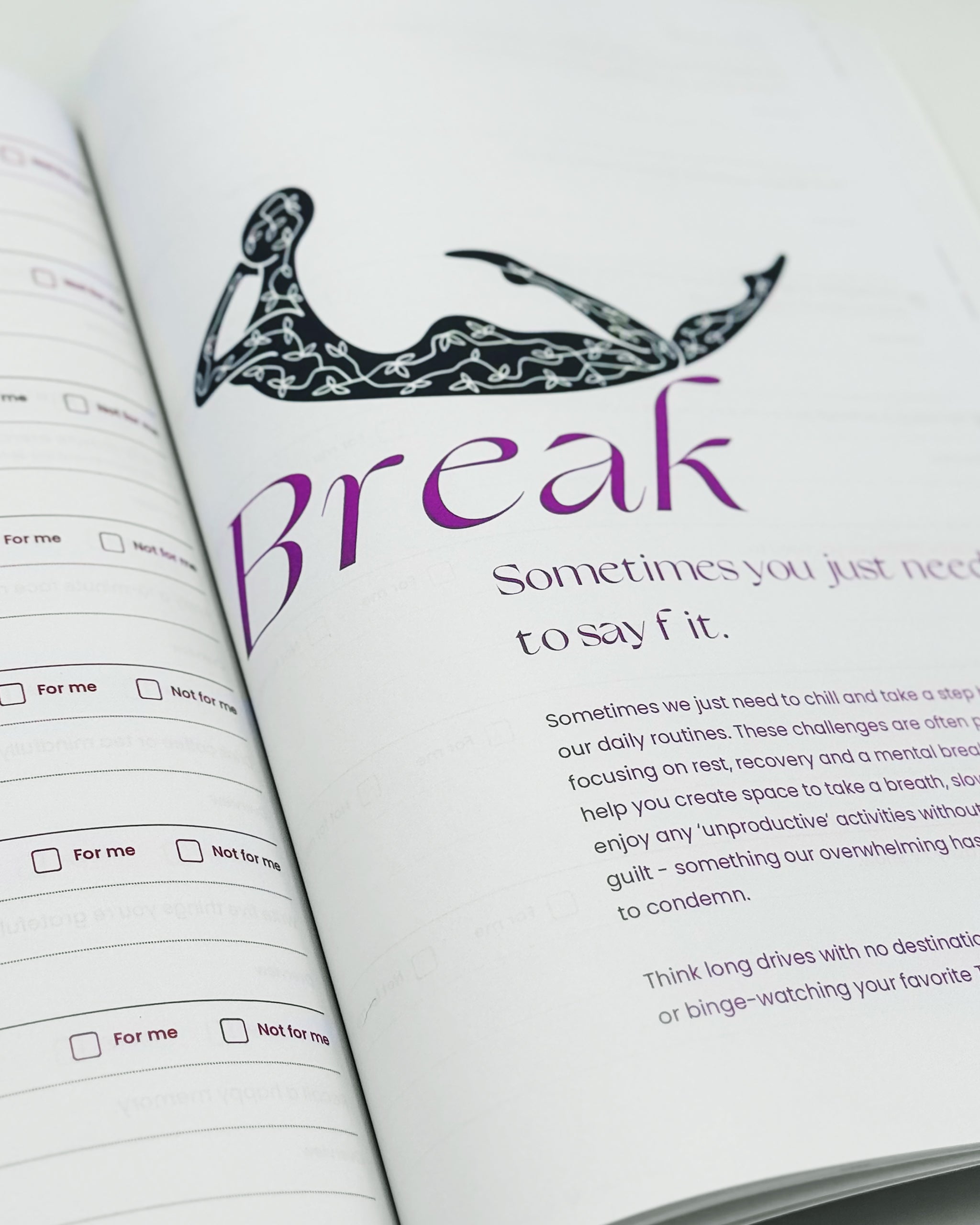 Open self care journal with an illustration of a figure lying and the word 'Break' in purple text.