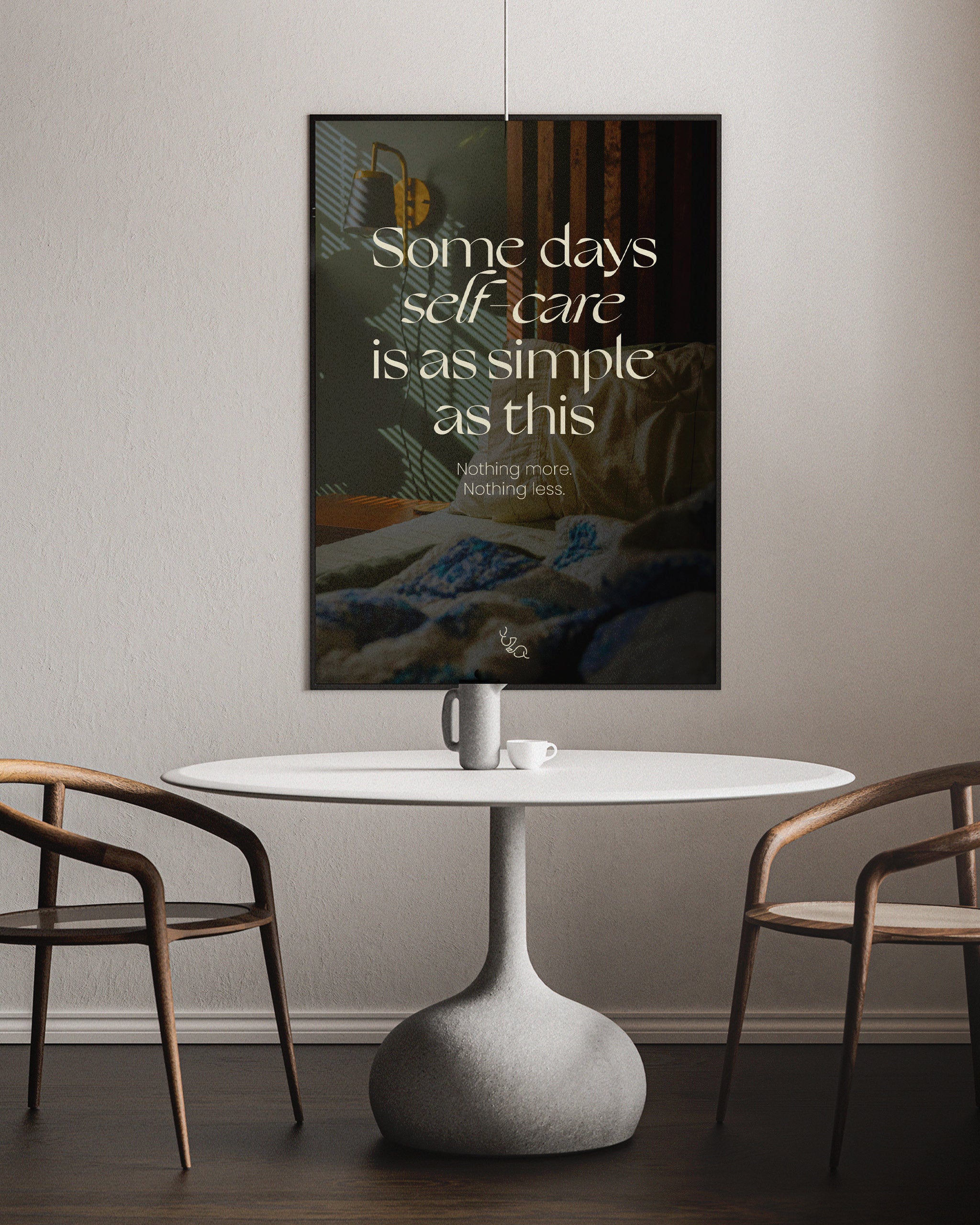 relaxing self love wall art displayed above a table with two chairs, minimalist style