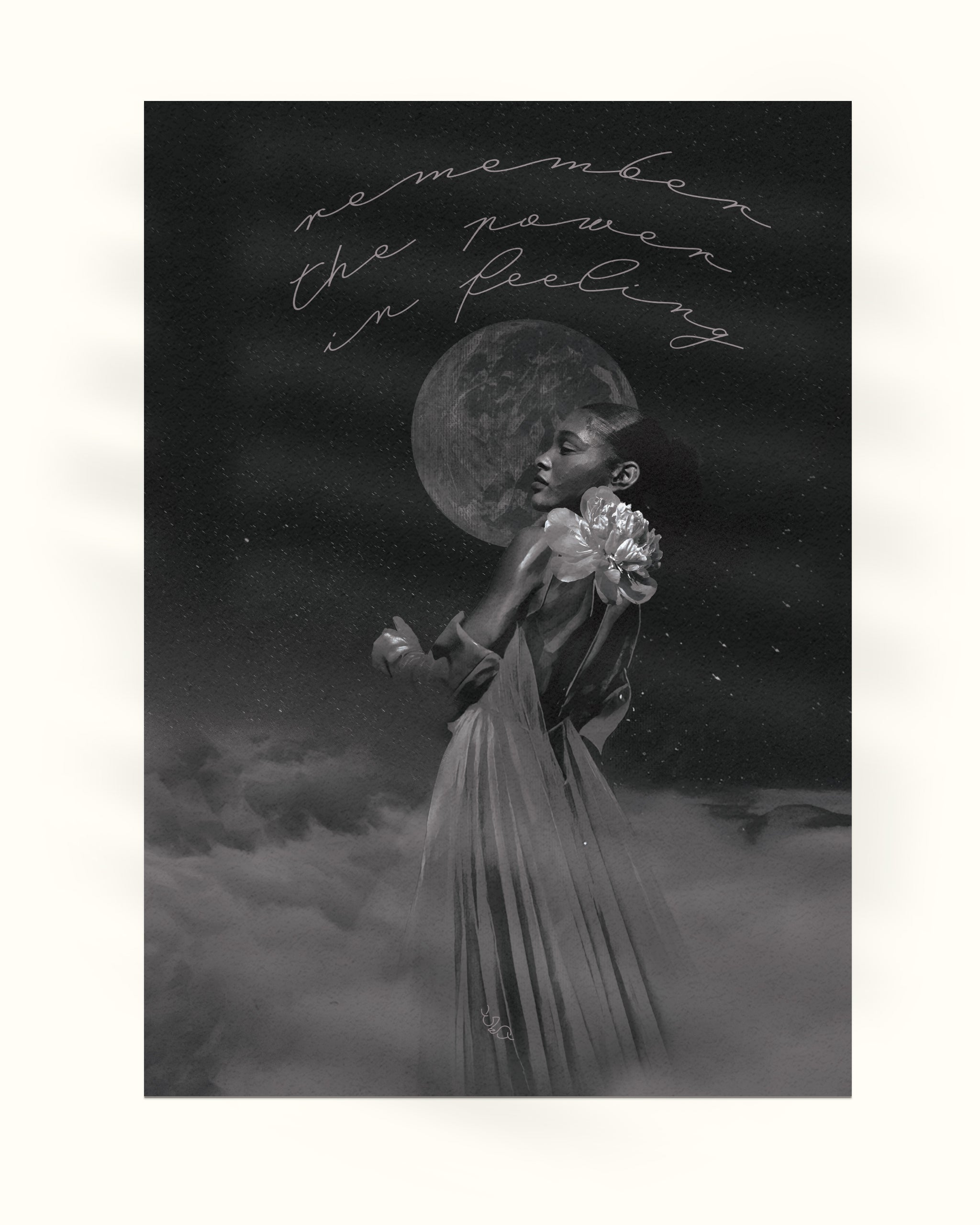 Black and white illustration of a woman holding flowers with a moon in her hand, against a dark sky, the Gentle Empath women empowerment posters