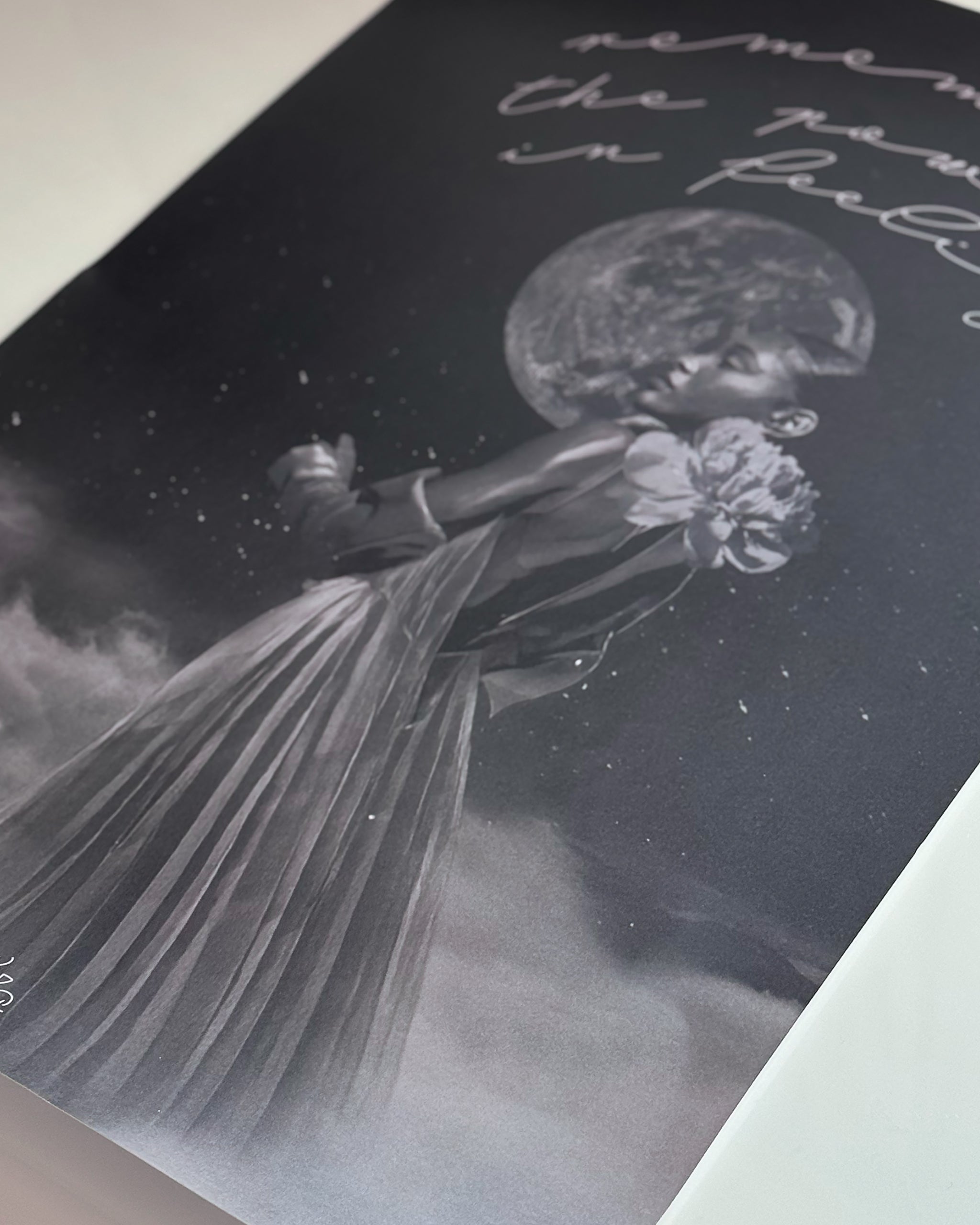 Black and white collage of a gentle empath, woman in a flowing dress with text on a dark background