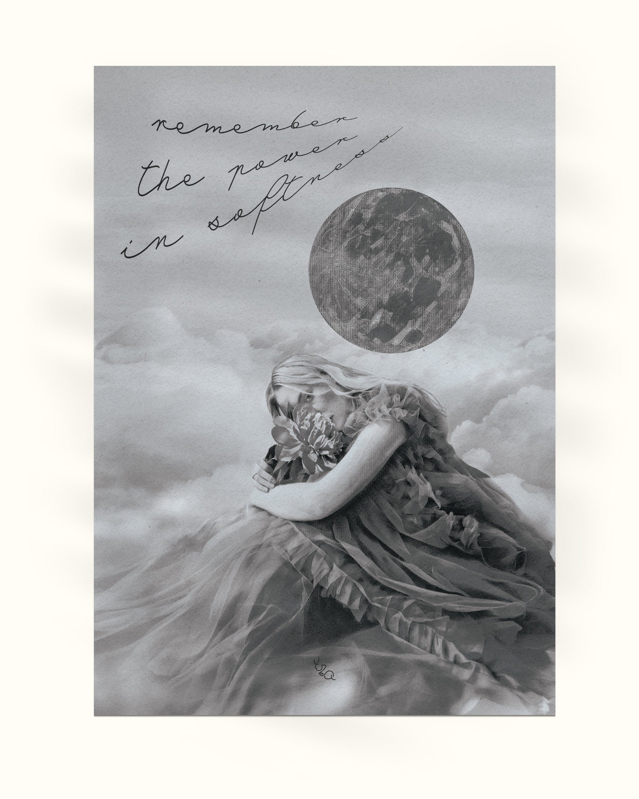 The Light Changer women empowerment posters is an artistic depiction of a woman in a dress with a moon over their head, set against a cloudy sky with text 'remember the power in softness'.