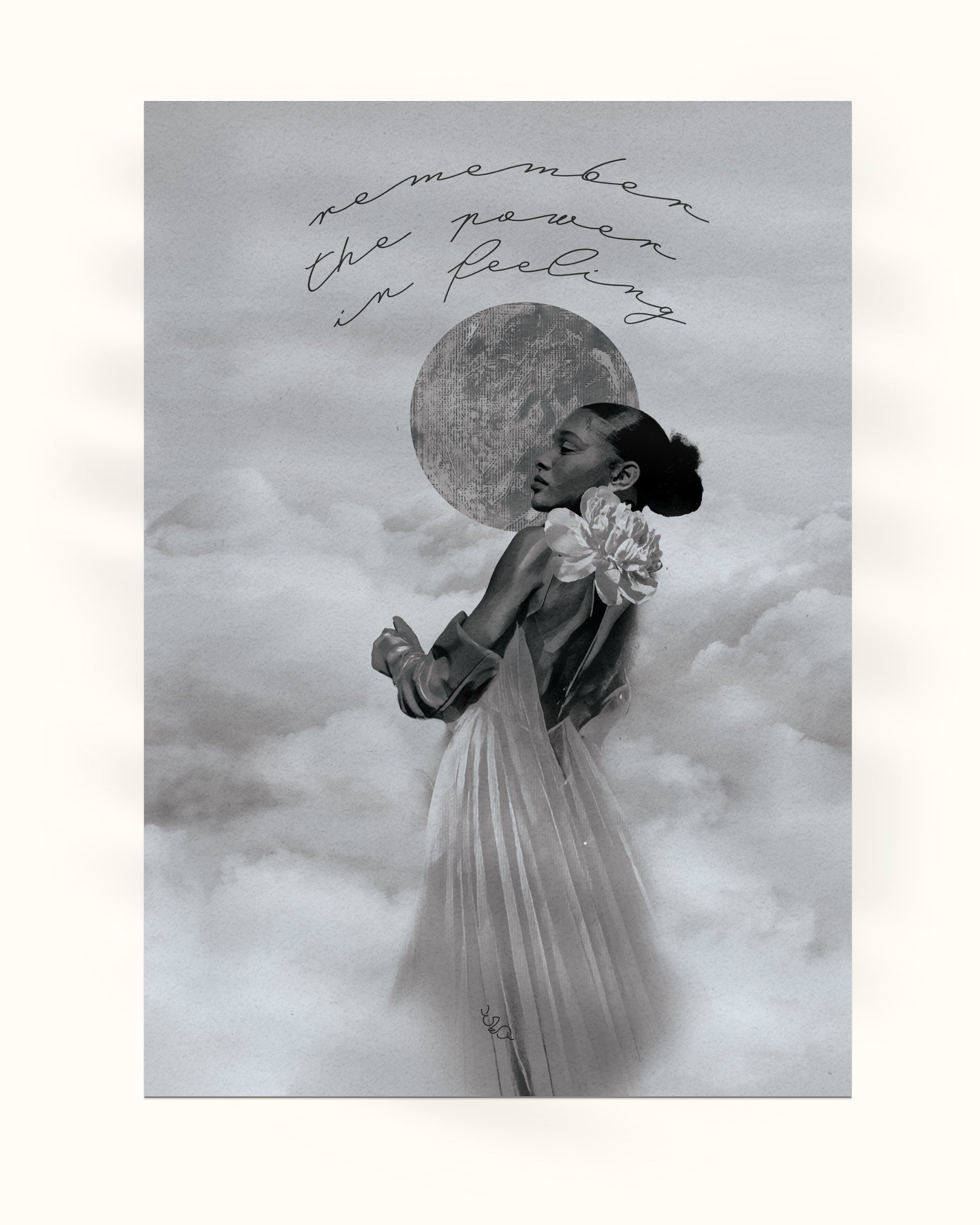 Black and white The Light Empath modern decorative wall art of a woman with a moon with text above her on a cloudy background