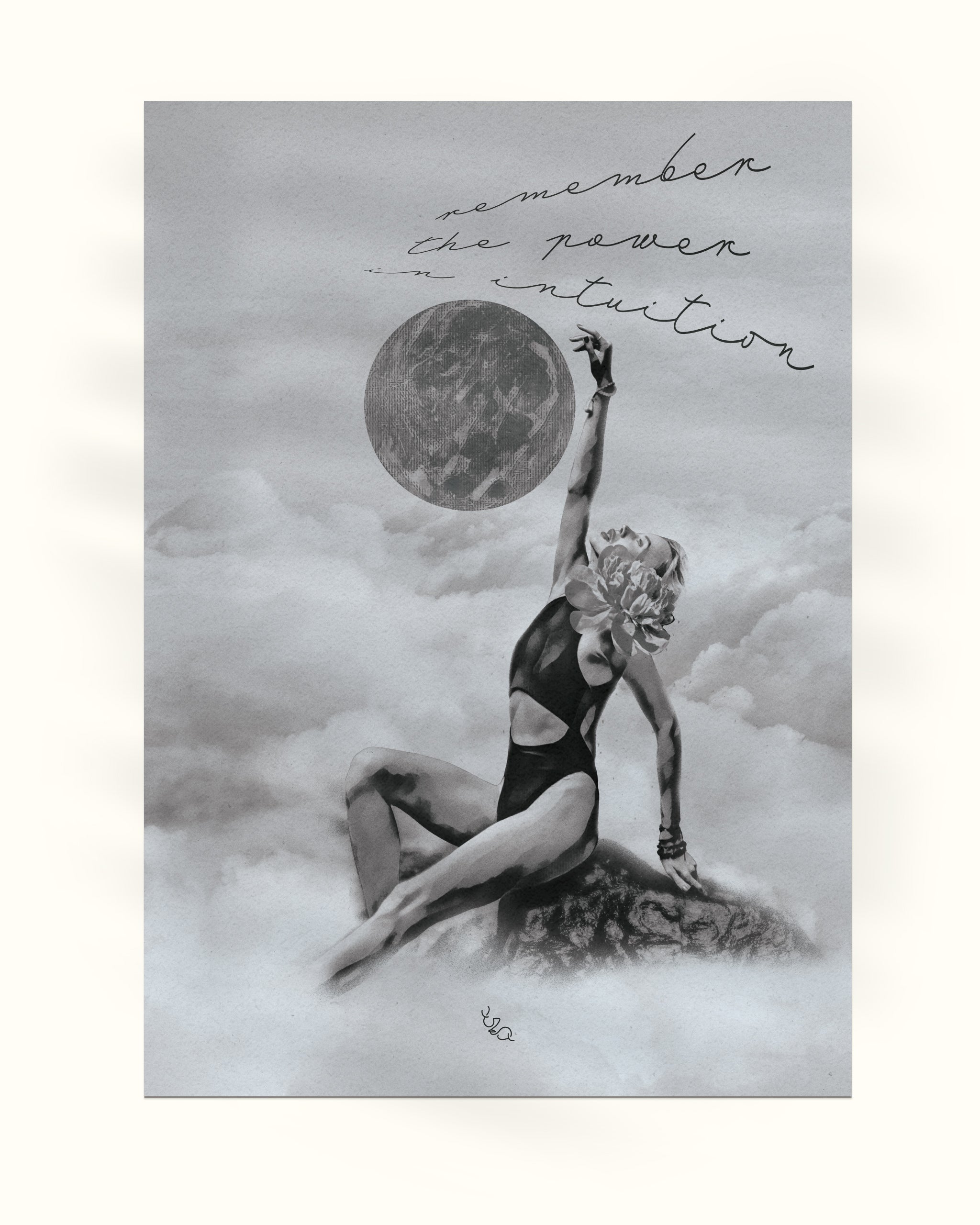 Black and white illustration of a woman with the moon above her head with text 'remember the power in intuition' on a cloudy background; The Light Shifter women empowerment posters