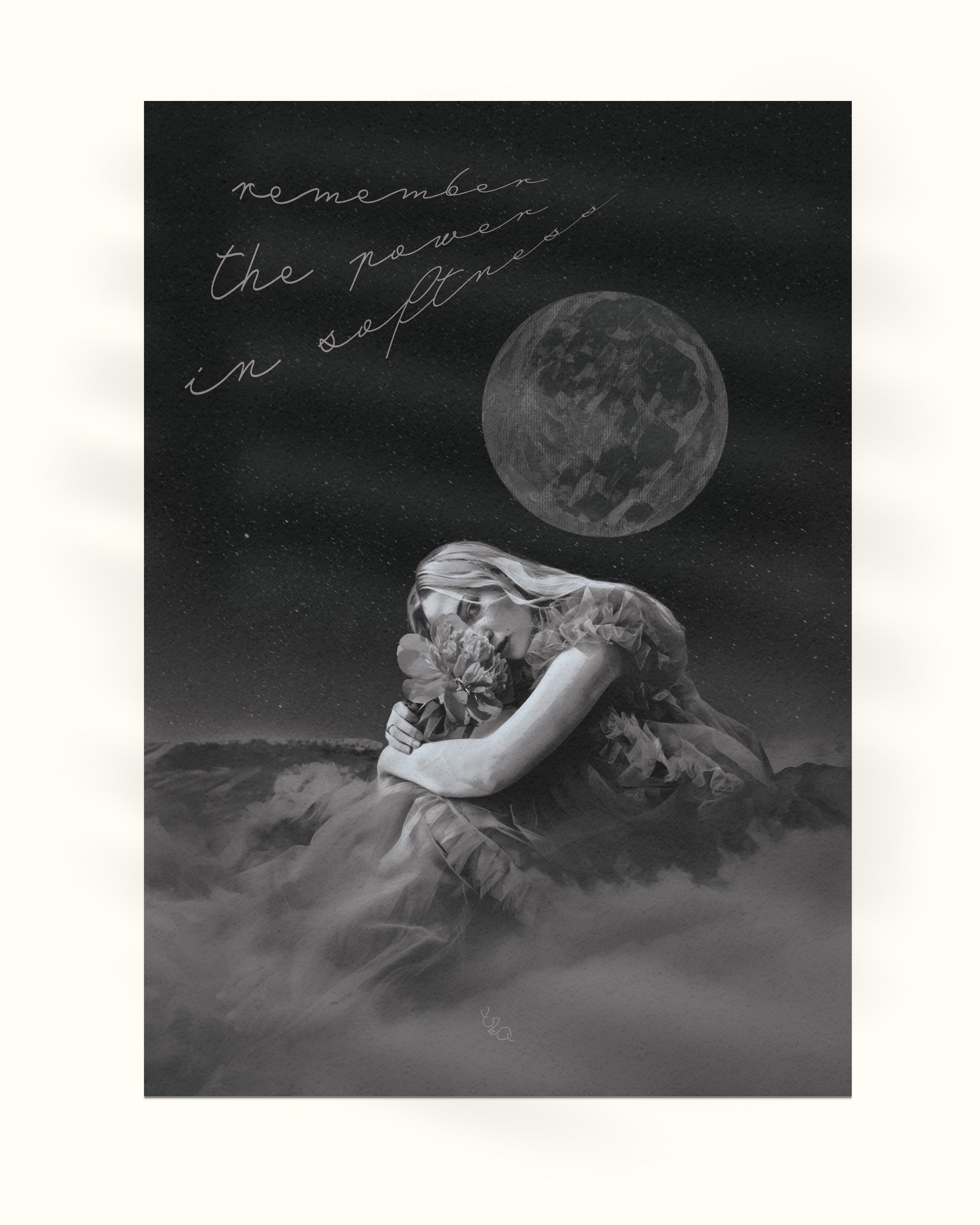 the world changer dream art featuring a black and white collage of a woman in flowy dress holding a flower against the moon with the title remember the power in softness; the poster is against a white background