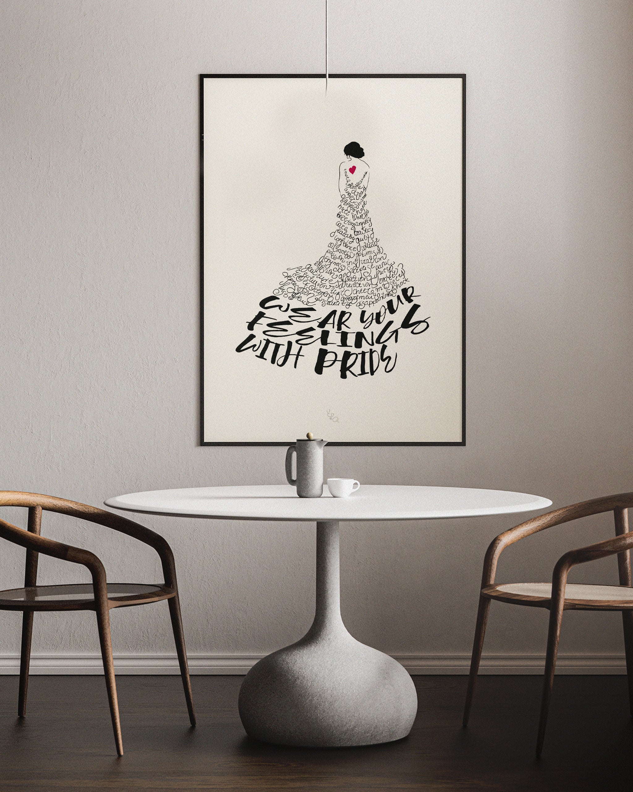 the dress to express self care poster for room framed in a black frame and shown over of a table