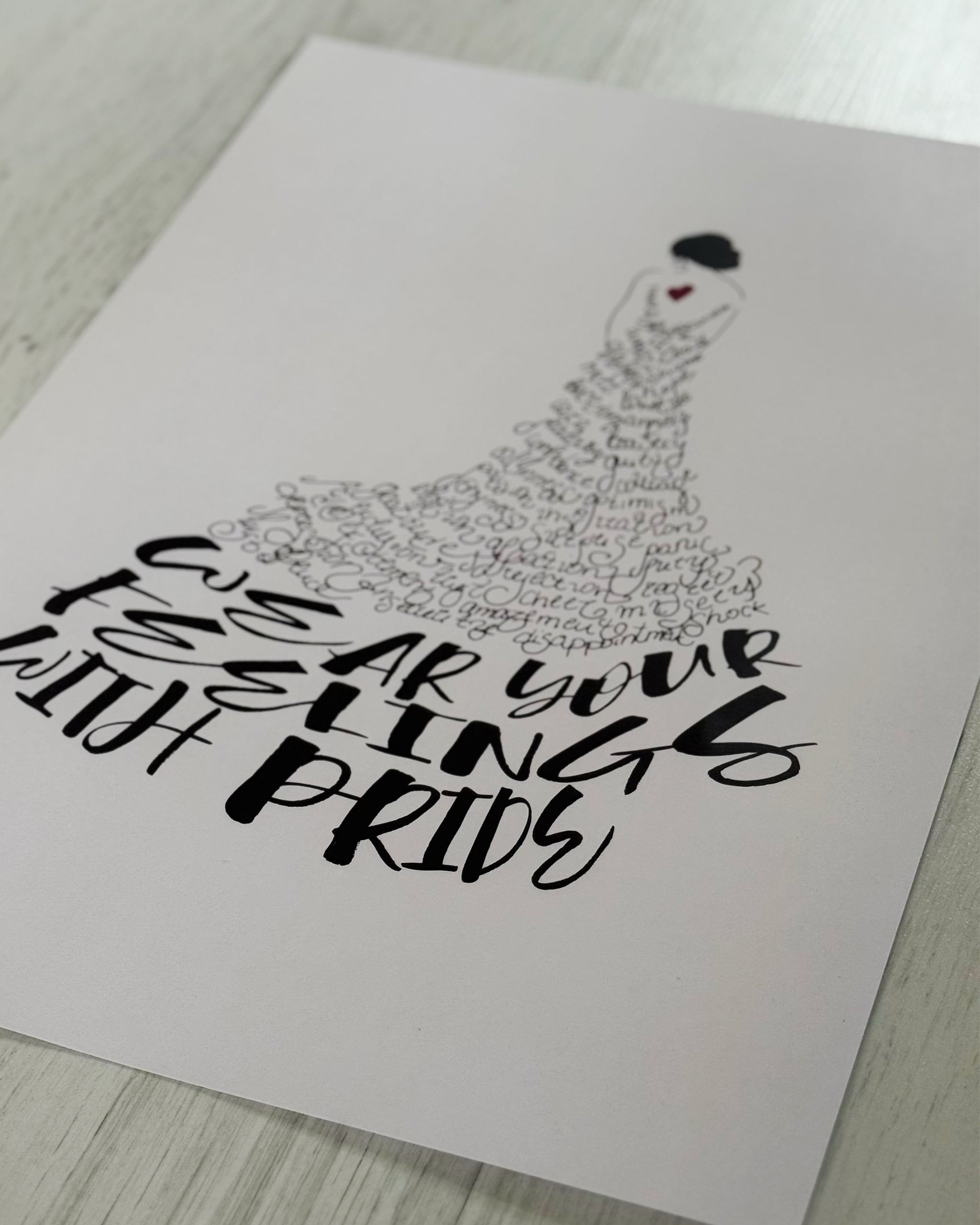 self acceptance poster with adjectives that describe feelings, the poster features a girl whose dress is made out of words of feelings and the finishing "wear your feelings with pride"