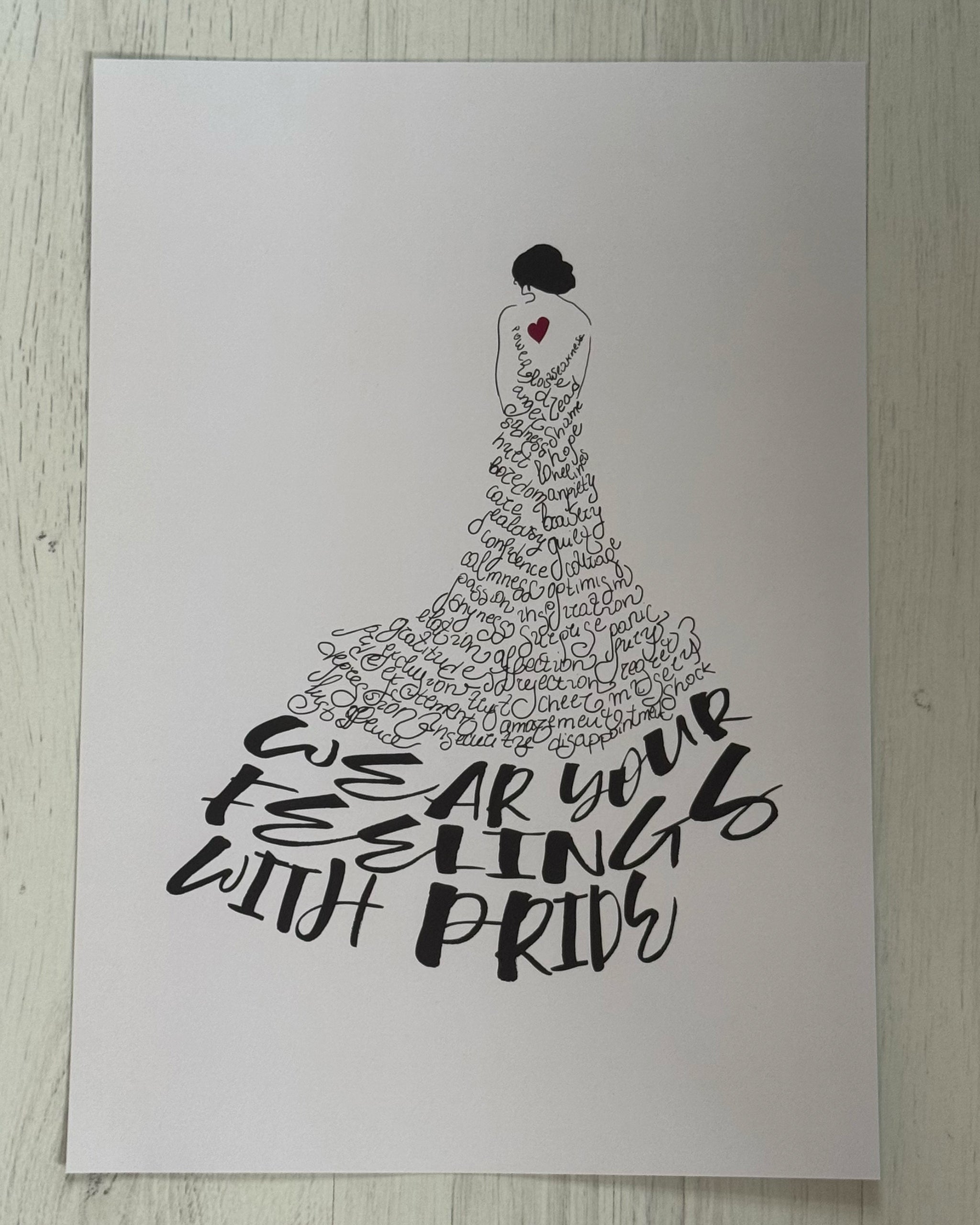 self acceptance art print with a stylized dress made of text on a white background
