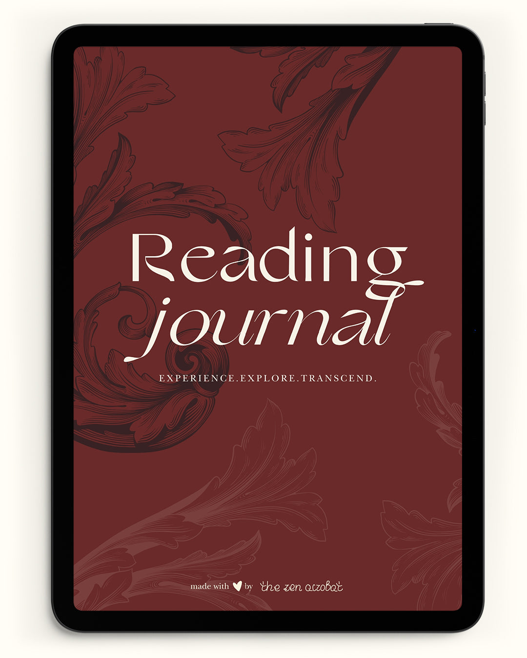 the digital reading journal shown on a tablet device, the cover photo slogan is experience, explore, transcend