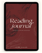 the digital reading journal shown on a tablet device, the cover photo slogan is experience, explore, transcend