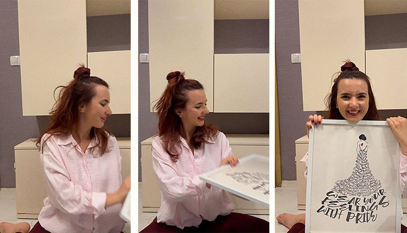 3 consecutive images of Anastasia owner of the zen acrobat grabbing a frame with the dress to express self care poster and smiling