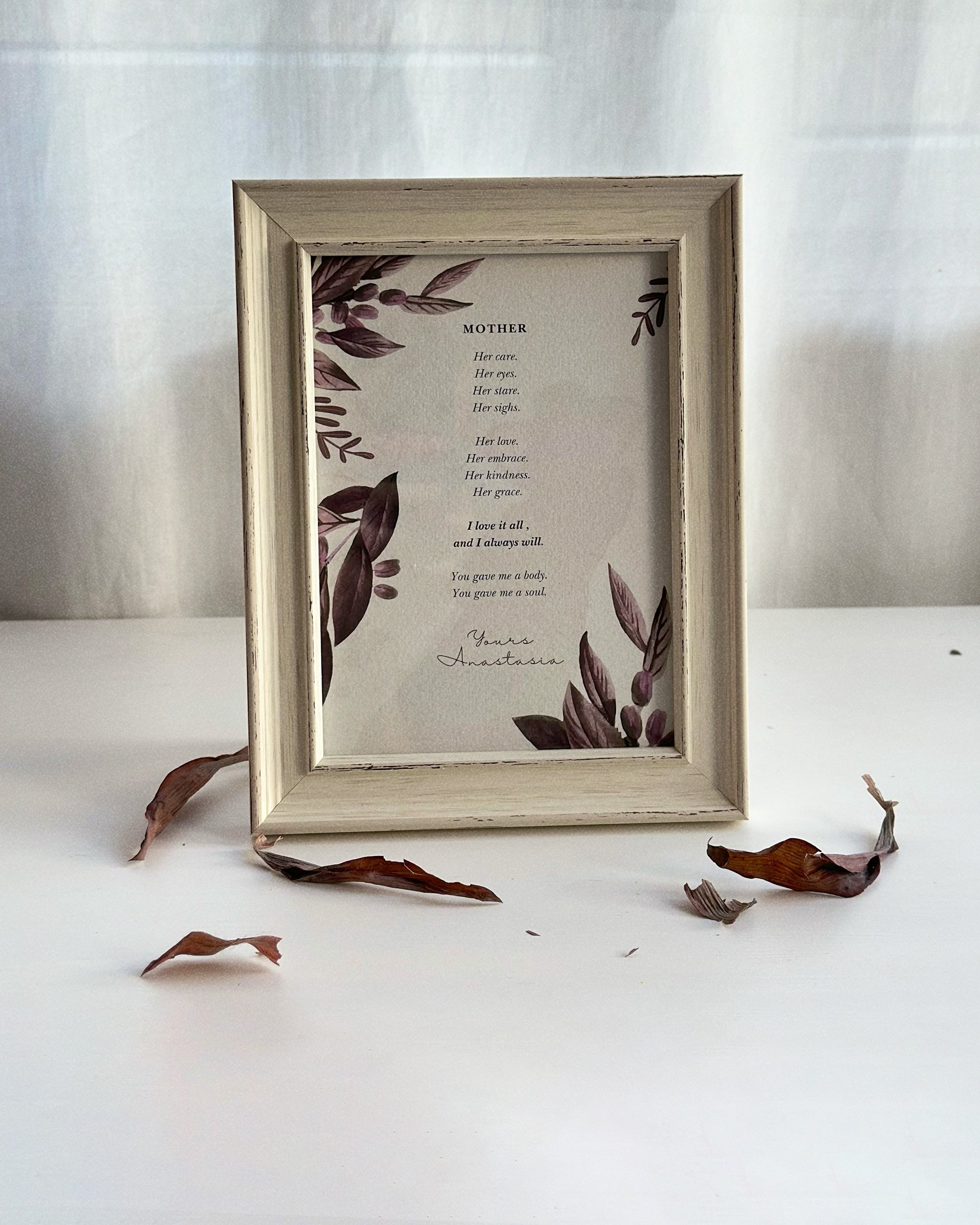 printable cards for mothers day framed  in a white wooden frame with flowers around