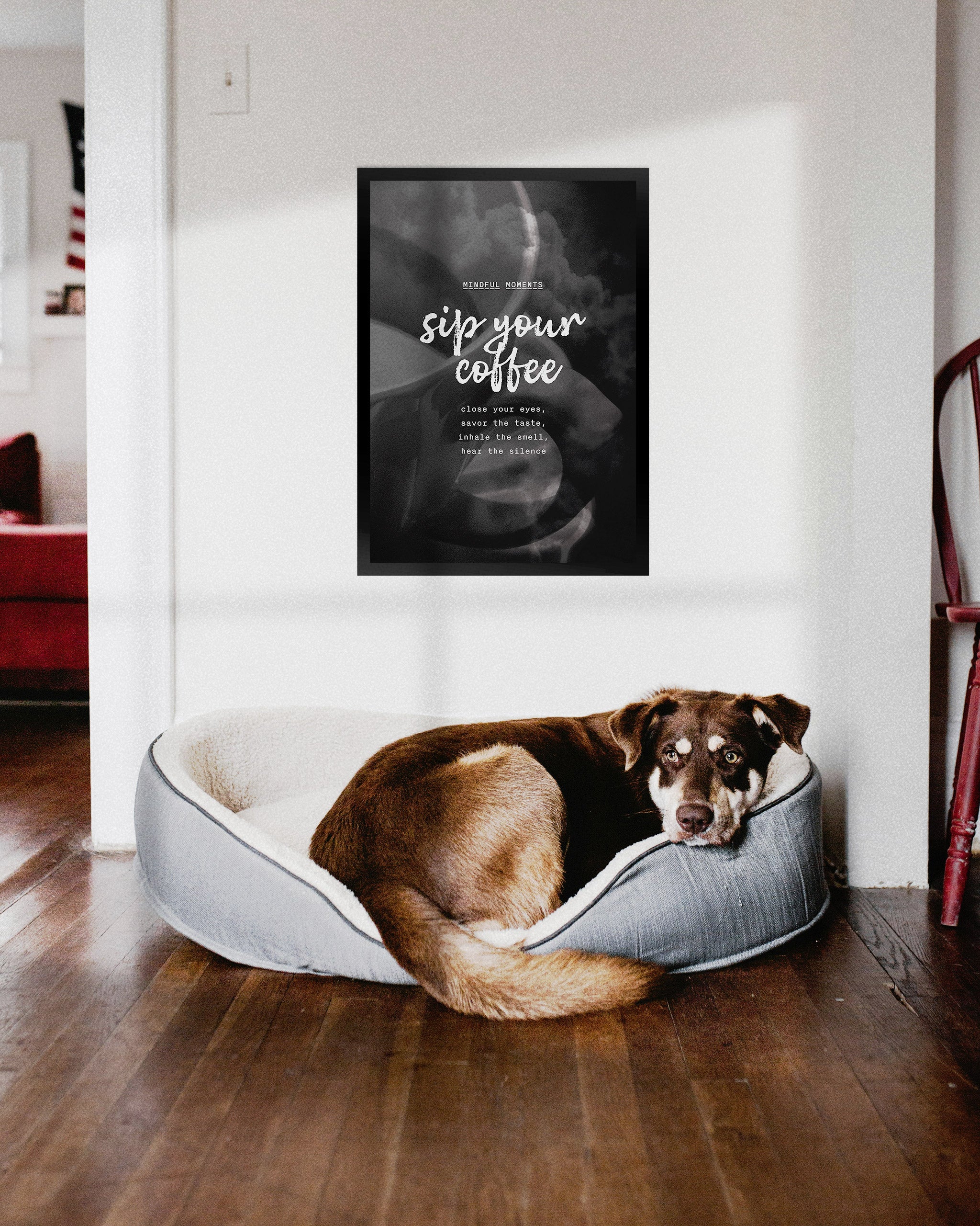 coffee poster for room on a wall with a dog laying underneath it