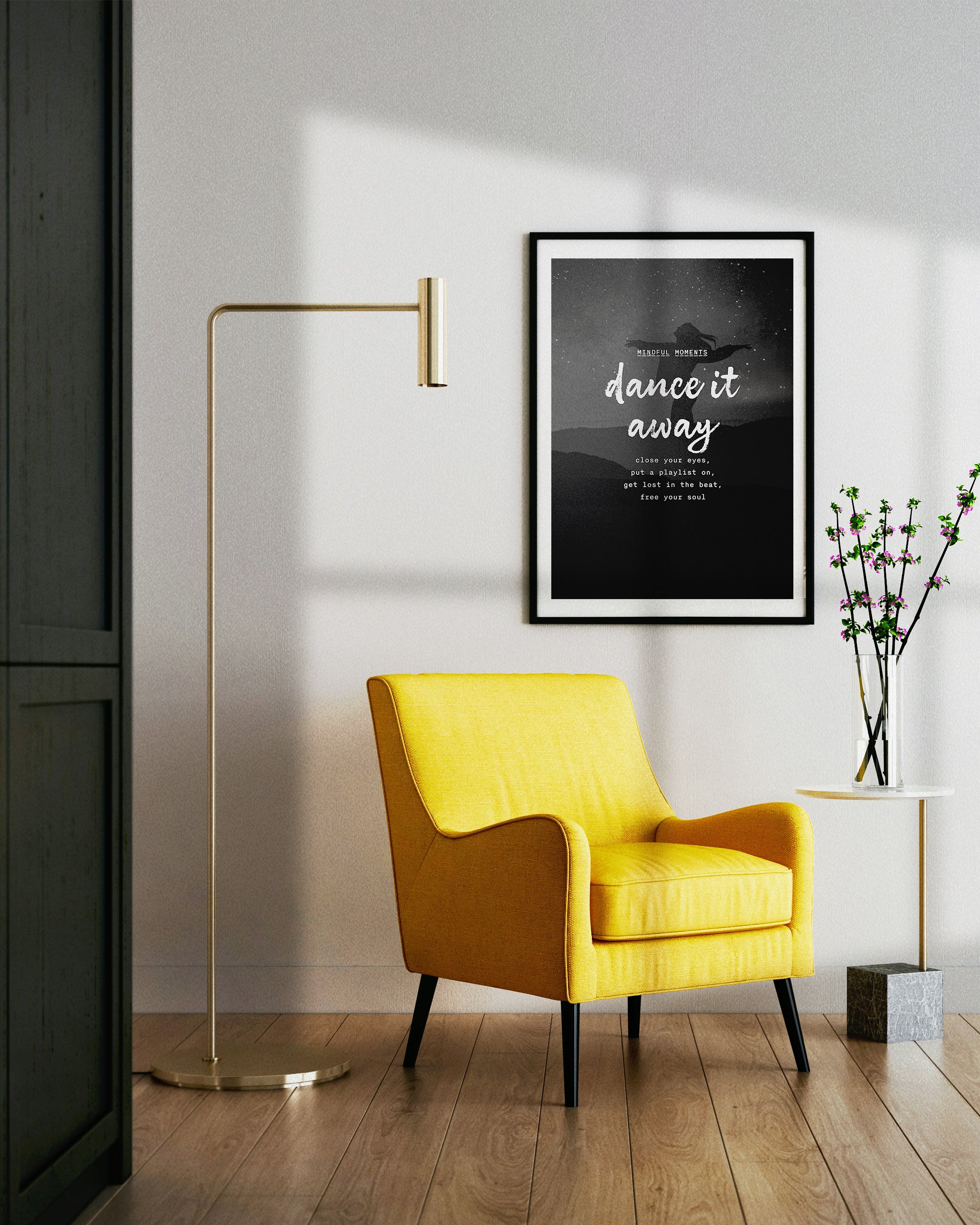 minimalist wall art for dancers shown above a yellow sofa in a simple frame