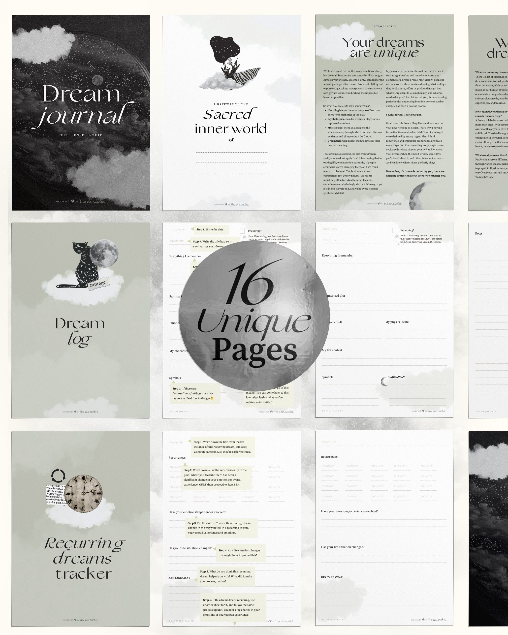 examples of the 16 unique pages of the digital dream interpreter such as cover, title, introduction, dream log and recurring dreams tracker