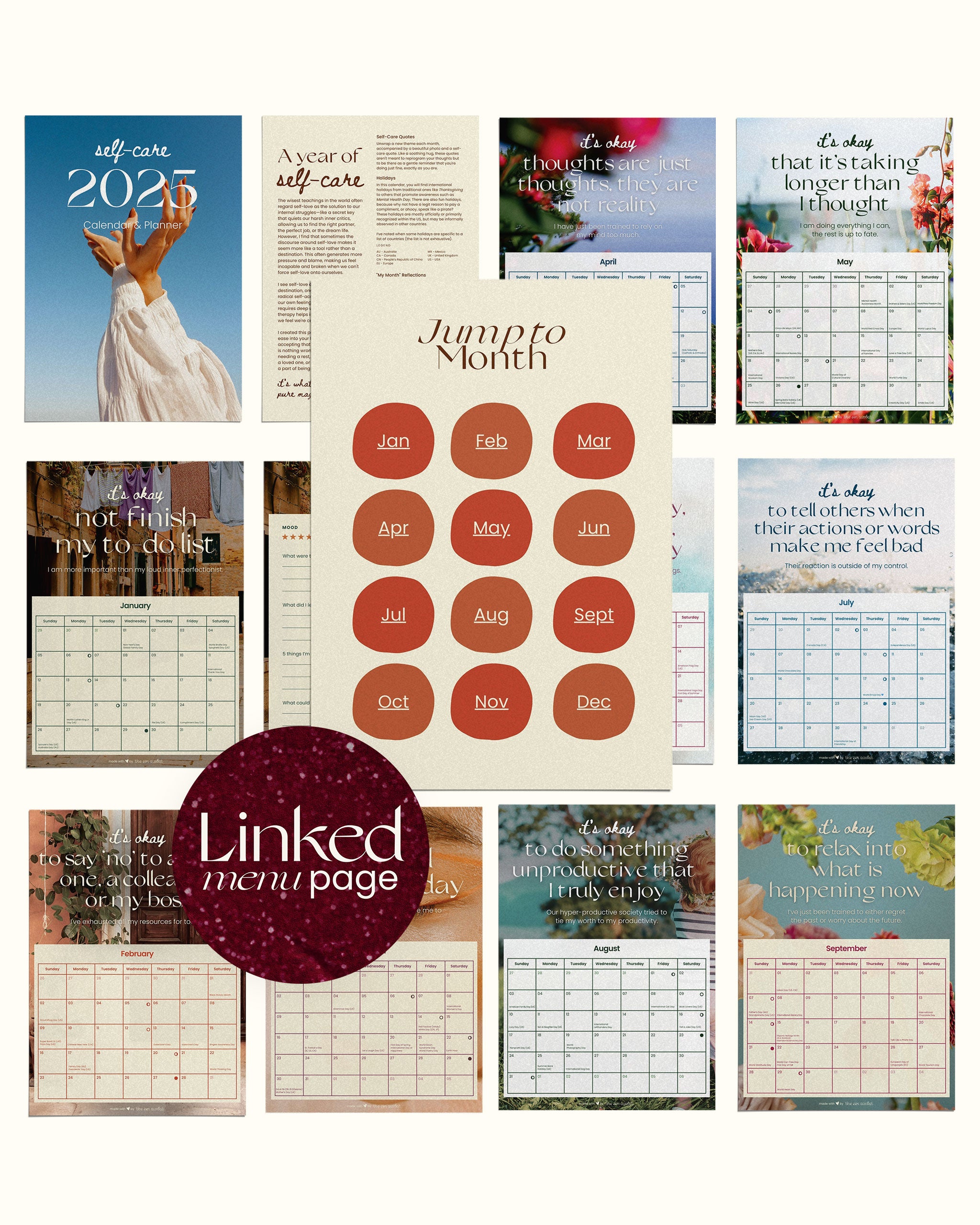 examples of the pages of the the digital planner goodnotes, with the jump to month linked menu page on top, showing that it's easy to navigate between the different months