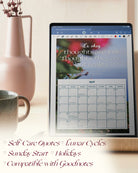 the ipad digital planner with self love affirmations shown on a tablet in the goodnotes interface, the example is the month of april; features self care quotes, lunar cycles, sunday start, holidays