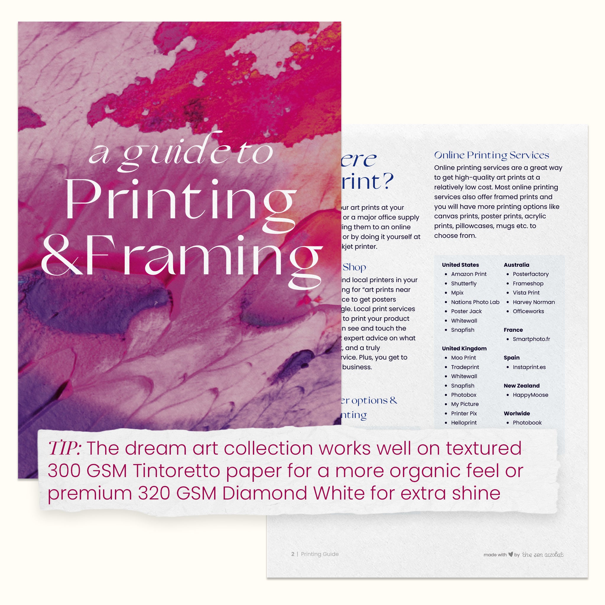 a guide to printing and framing with the tip specific to dream art, the dream art collection works well on textured 300GSM tintoretto paper for a more organic feel or premium 320GM diamon white for extra shine