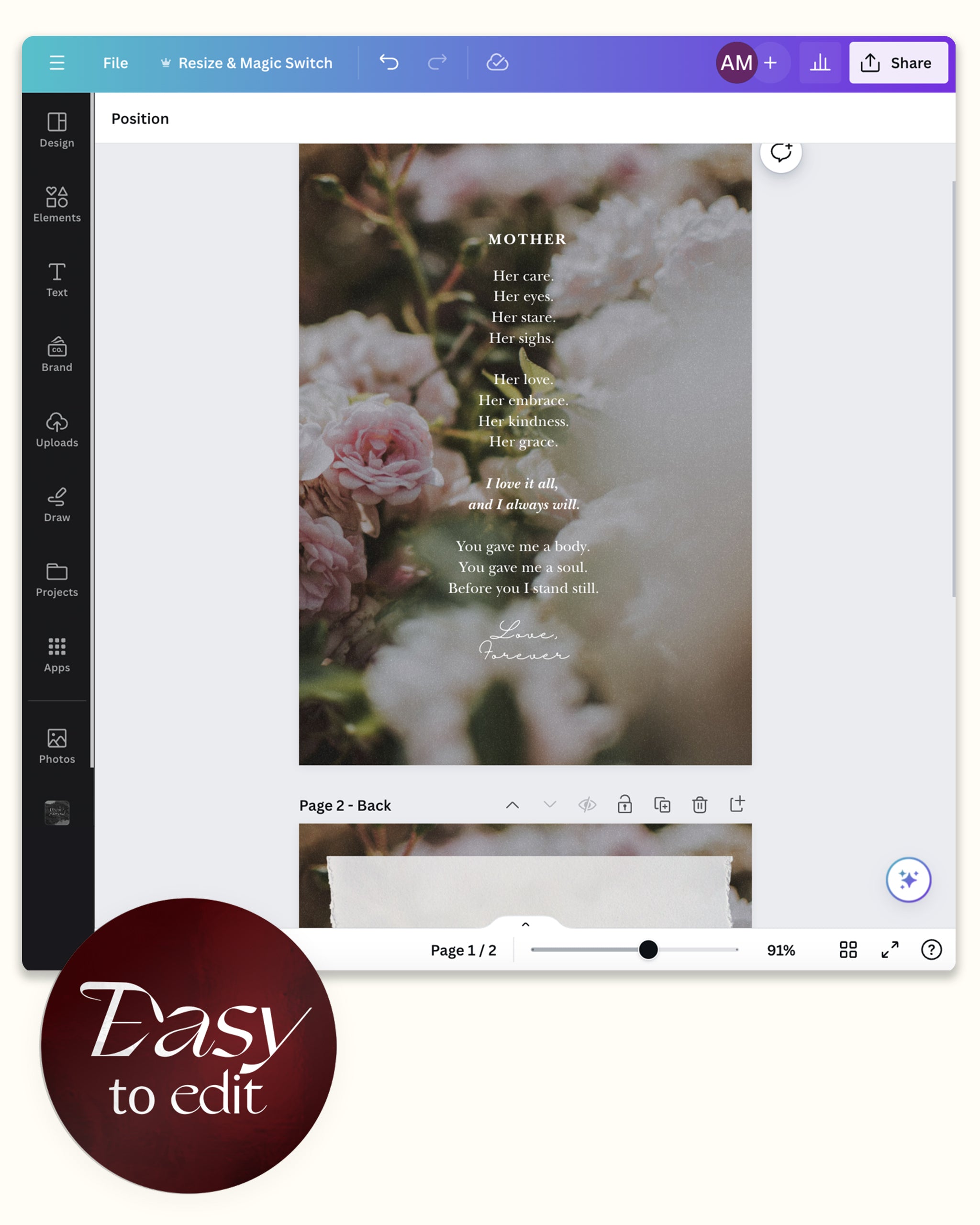 editable mothers day card template shown in the canva interface with a badge easy to edit