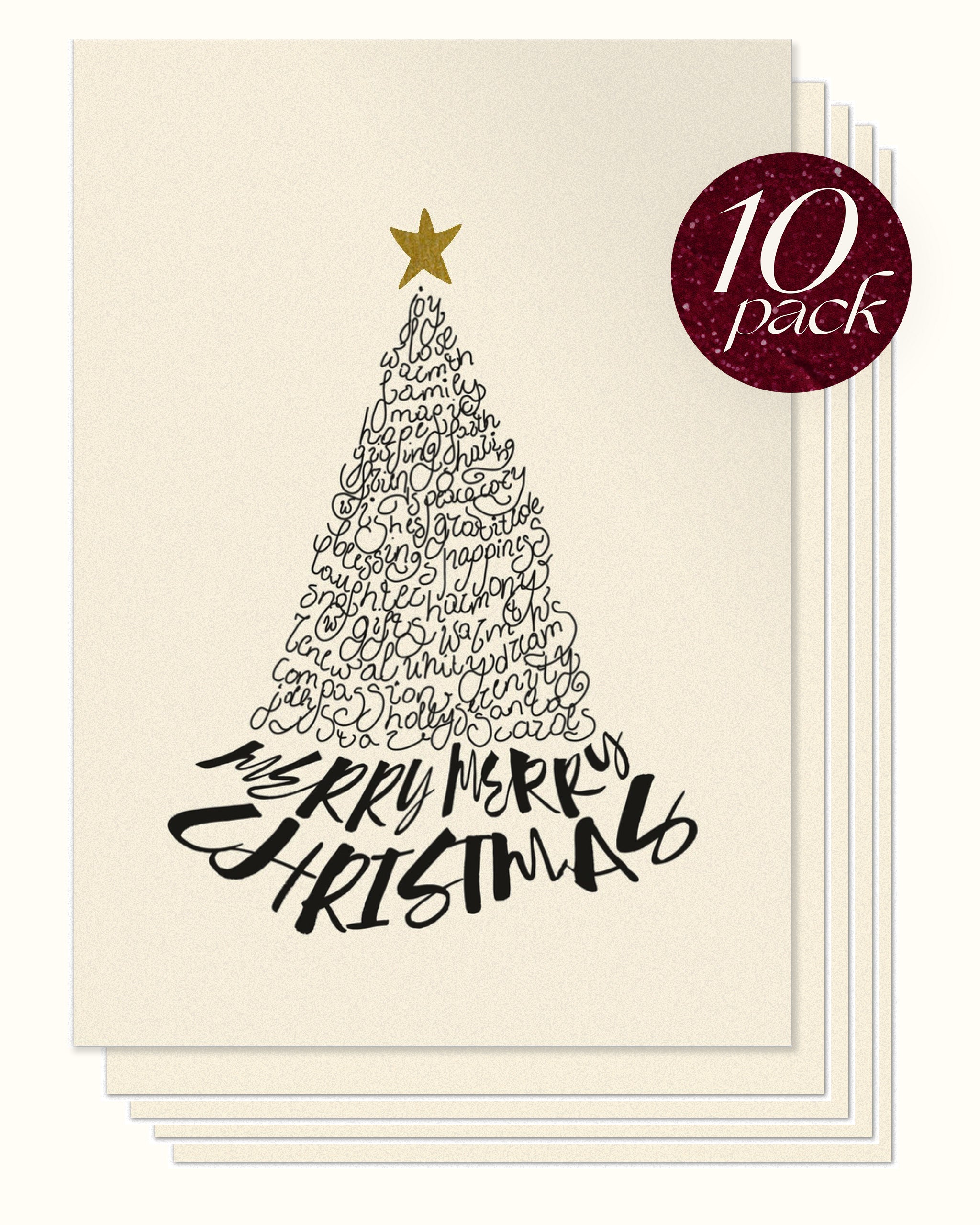 Luxury pack of Christmas cards with a tree design and 'Merry Christmas' text, featuring a star on top.
