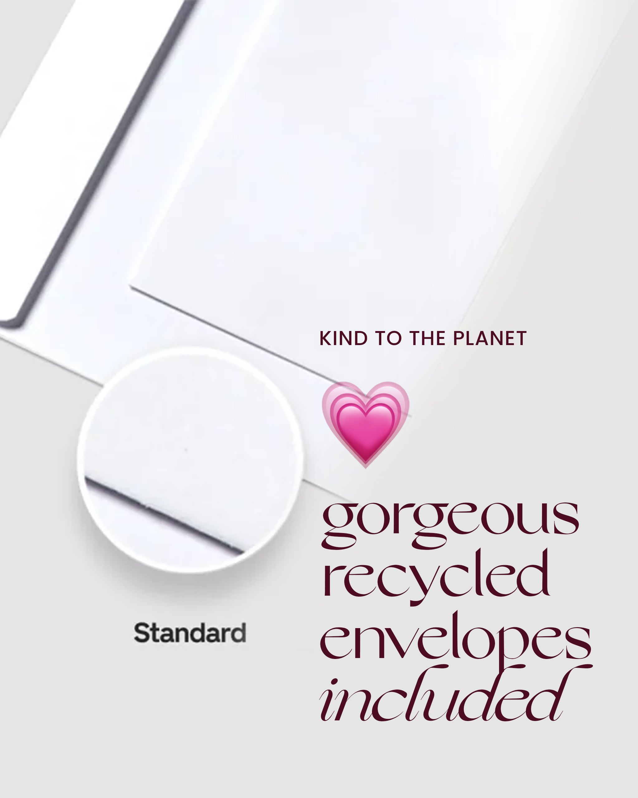White envelopes that go with the Christmas day greeting card pack with text 'Who said fancyyyyy gorgeous premium envelopes included' and a pink heart on a light gray background.