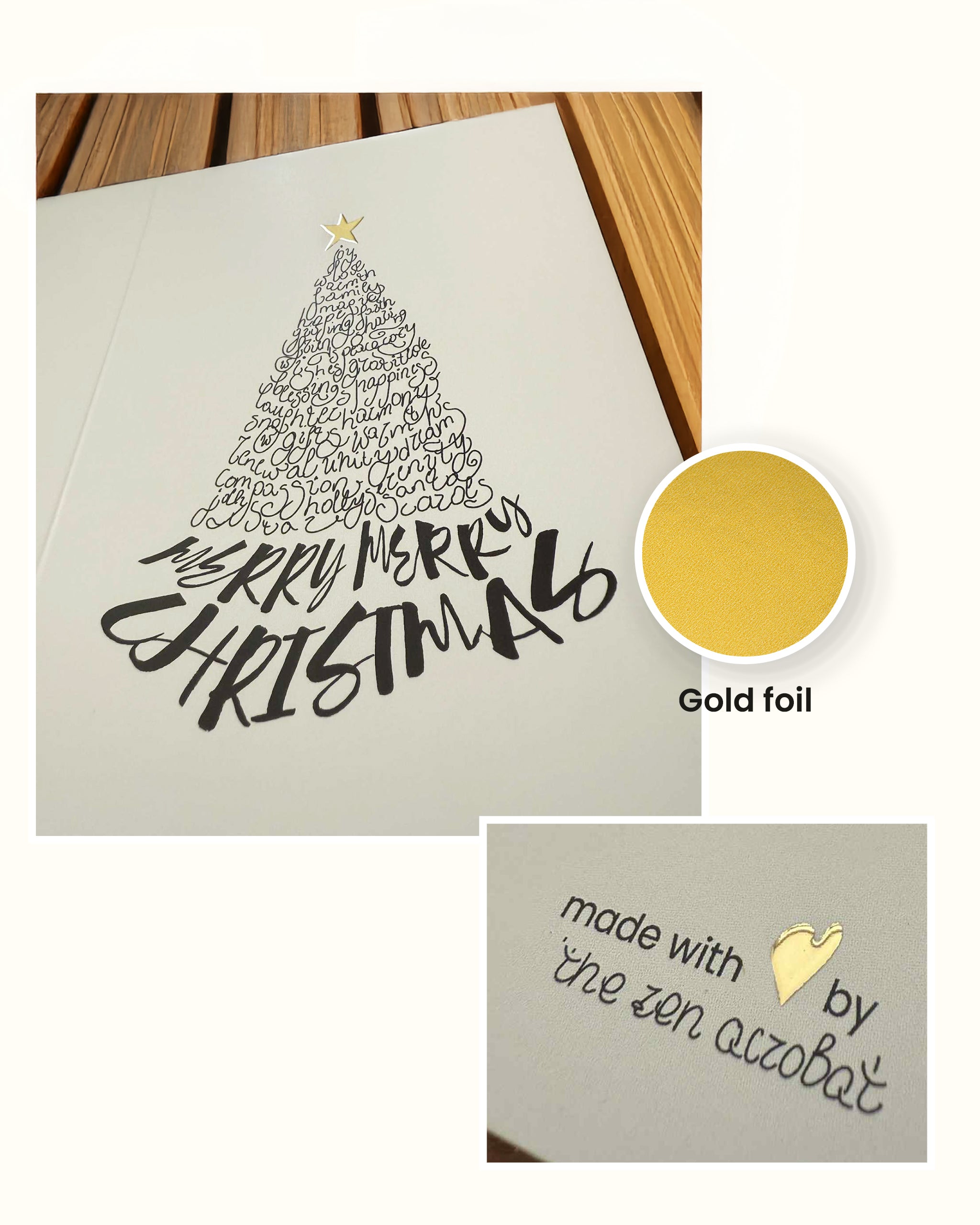 Unique Christmas card set with gold foil text and a tree design on a wooden surface