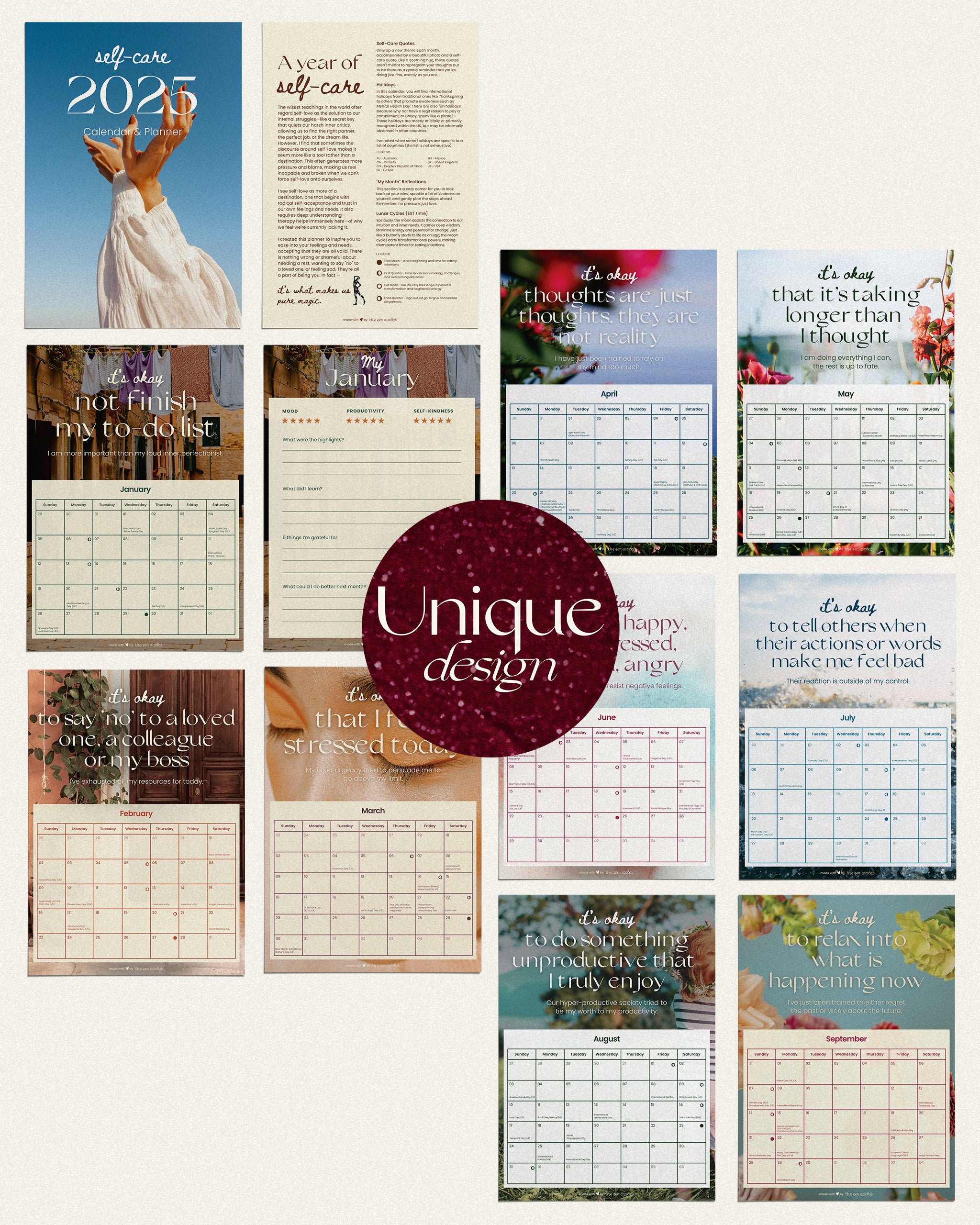 examples of the unique designs of the photo wall calendar 2025 for self care; examples include the cover photo, introduction, and months from january to september