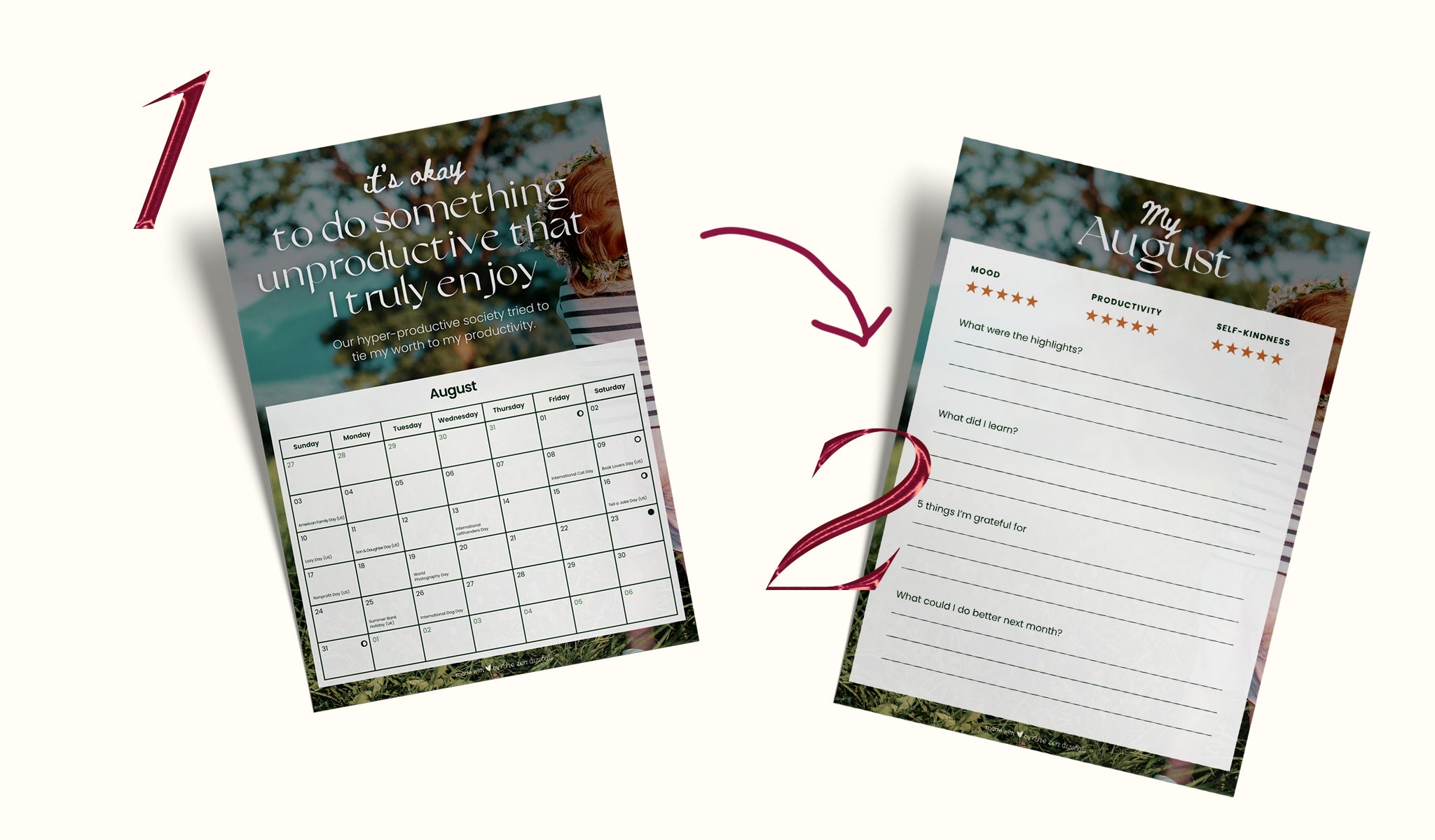 examples of the A4 printable photo self care calendar for august with hotspots, to the left is the calendar/planner with 1 on it, to the right is the monthly overview with the number 2 on it; 