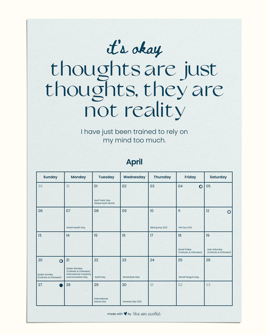 Printable minimalist self care 2025 calendar with lunar cycles and holidays, example from April