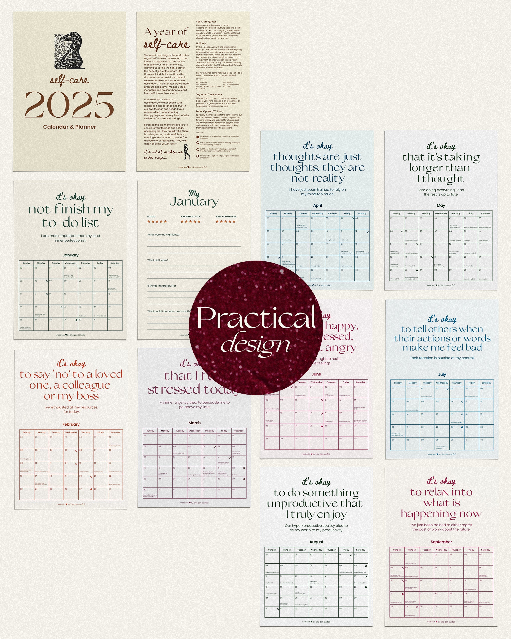 examples of the practical design of the printable planner templates; examples include the cover photo, introduction, and months from january to september