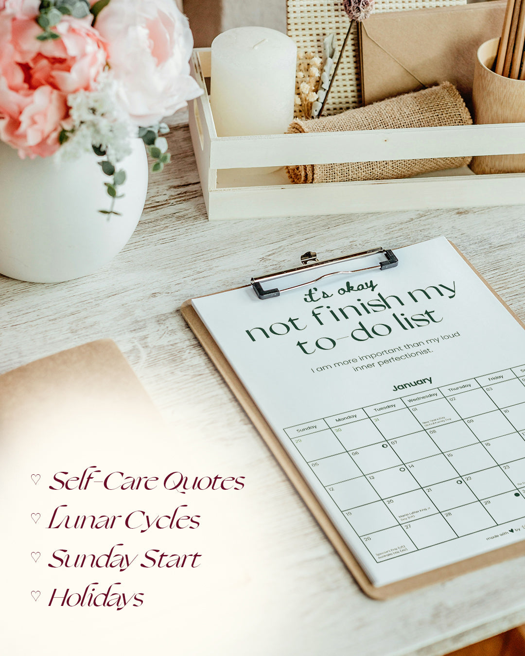 simple self care calendar and planner with self care quotes, lunar cycles, sunday start, and holidays