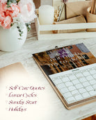 photo self care calendar and planner featuring self care quotes, lunar cycles, sunday start, and international and us holidays