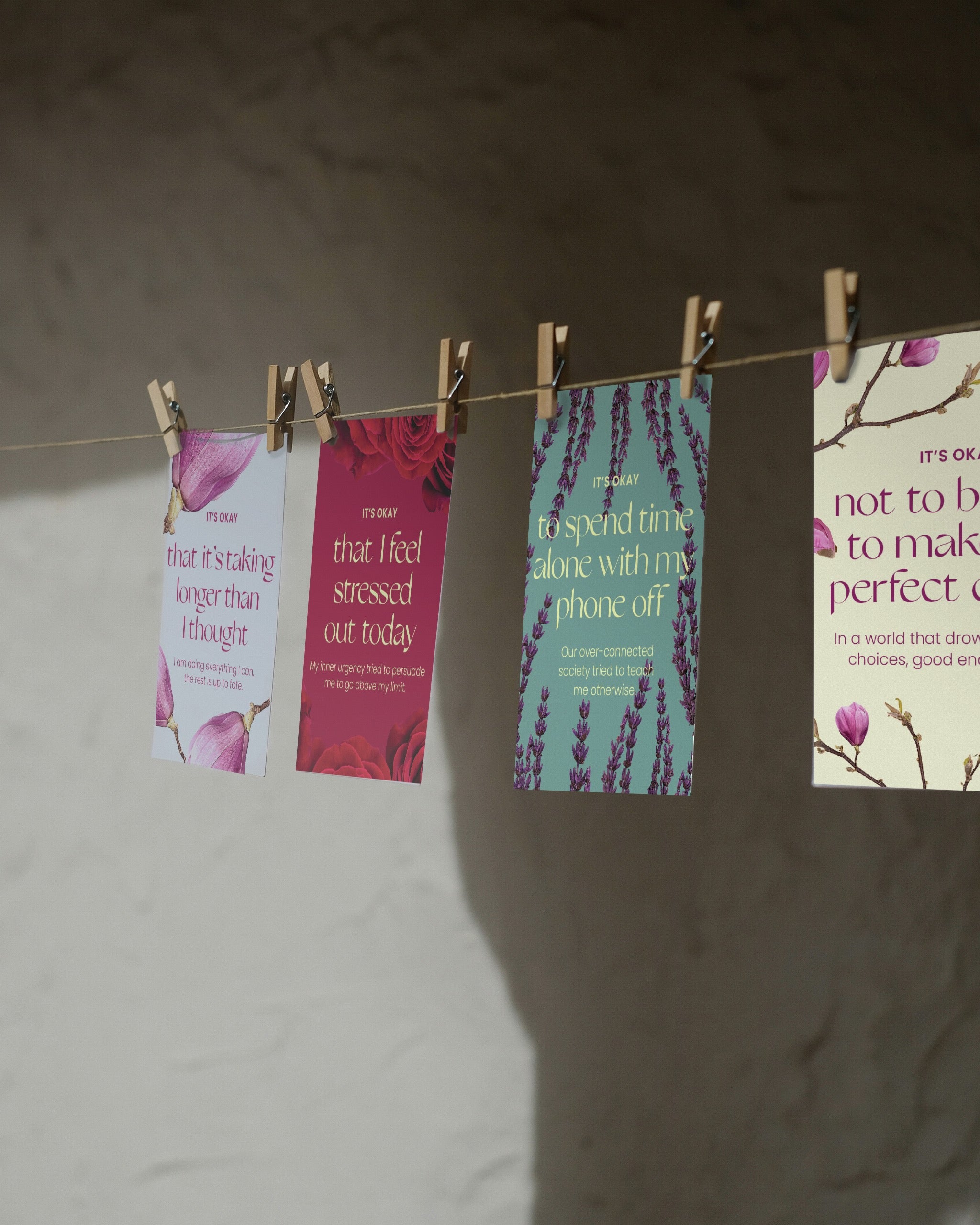 self care affirmation cards hanging off a cord