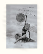 Black and white illustration of a woman with the moon above her head with text 'remember the power in intuition' on a cloudy background; The Light Shifter women empowerment posters