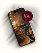 "eat that pie" self love wallpapers for phone winter aesthetic with the title it's okay to savor every bite of a delicious meal with an image of a delicious brown pie and Christmas lights, shown on an iphone on a white background