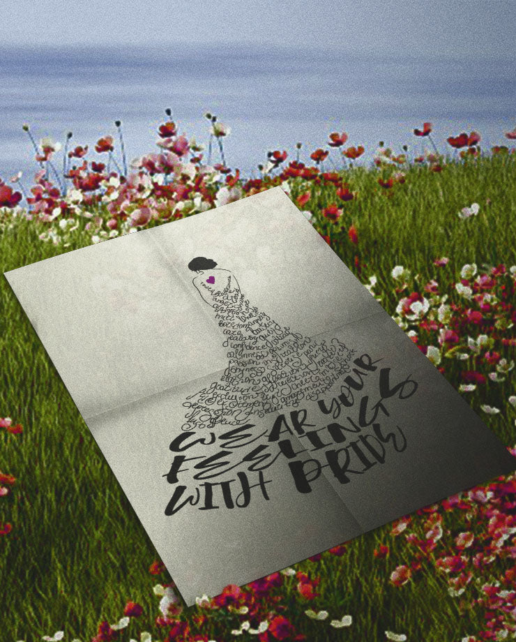 the zen acrobat self care & self love collection represented by the dress to express self care poster on a flowery meadow